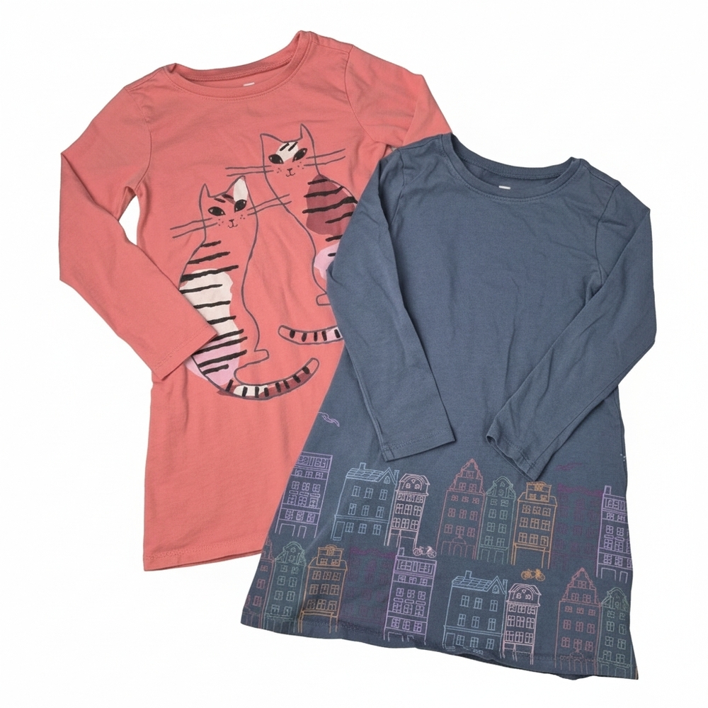 Tea Collection Girls Graphic Dress Bundle Size 5 Blue Cityscape Pink Cats Cotton